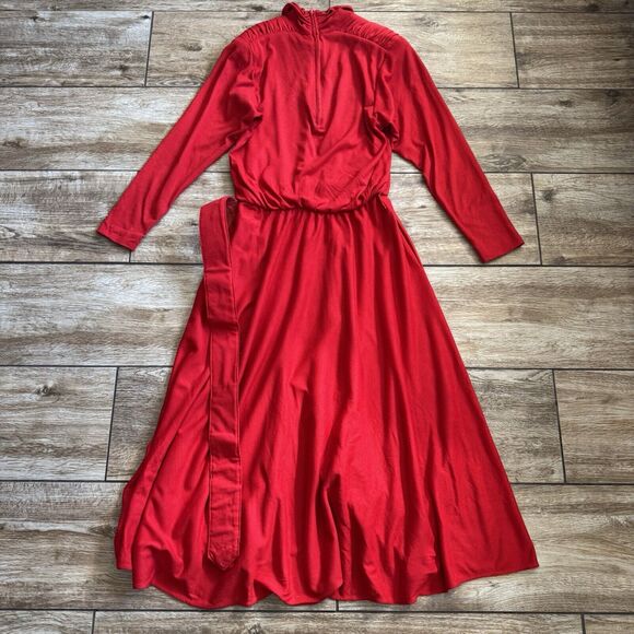 Vintage 80s Red Dress Women's 12 Belted Long - Picture 6 of 16
